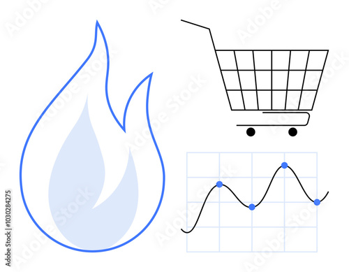 Blue flame, black shopping cart, and line graph with fluctuations. Ideal for business, marketing strategies, sales trends, data analysis, and e-commerce. Minimalist, modern style