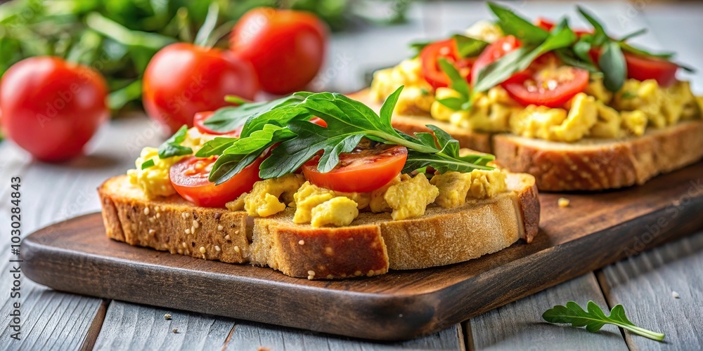 Low angle view, tofu, scrambled toast, fresh tomatoes, arugula Low angle view, tofu, scrambled toast, fresh tomatoes, arugula