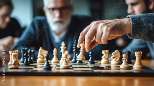 A man's hand is moving a chess piece on a chessboard.