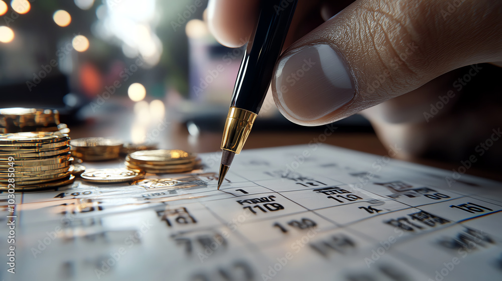 Person writing on financial document with coins Person writing on financial document with coins