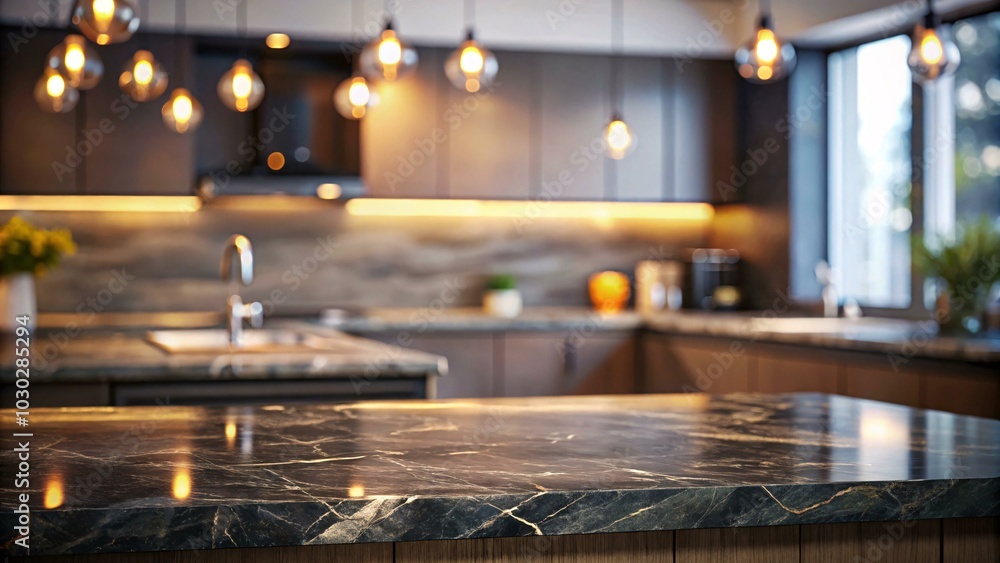 The image shows a close-up of a black marble countertop with a wooden base, reflecting the warm glow of light fixtures overhead, against a backdrop of a blurred modern kitchen with stainless steel The image shows a close-up of a black marble countertop with a wooden base, reflecting the warm glow of light fixtures overhead, against a backdrop of a blurred modern kitchen with stainless steel