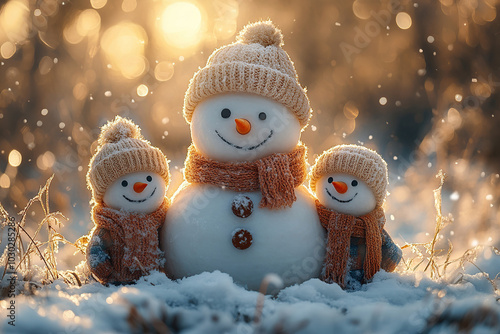 Snowmen in winter clothes on blurred background