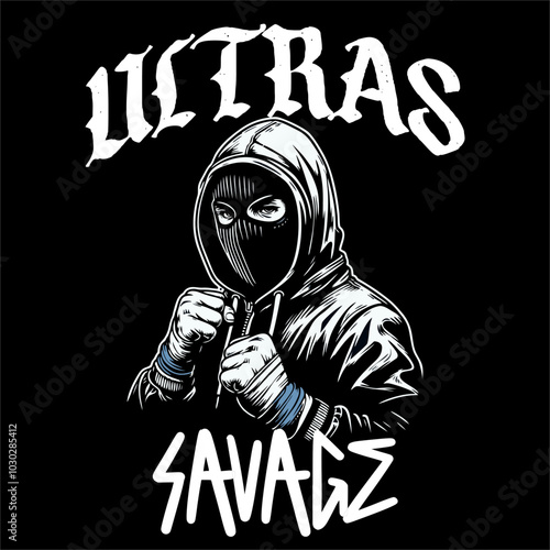 Illustrator drawing vector of Football fans Ultras hooligan with Fighting style black white color isolated black background