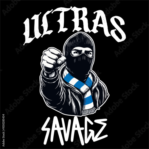 illustrator vector of Football fans Ultras hooligans wear mask and football scarf blue white isolated black background