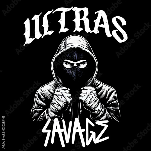 Illustrator drawing vector of Football fans Ultras hooligan with Fighting style black white color isolated black background