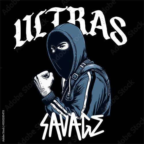 Illustrator Vector of football fans ultras hooligan wear hoodie and black mask isolated black background