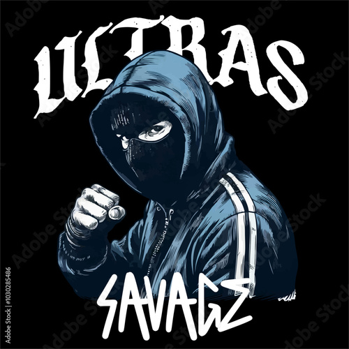 Illustrator Vector of football fans ultras hooligan wear hoodie and black mask isolated black background