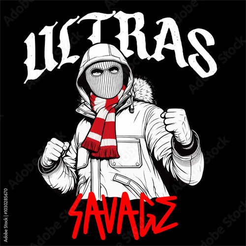 Illustrator Vector Football Fans Ultras Hooligan White Red color isolated black background