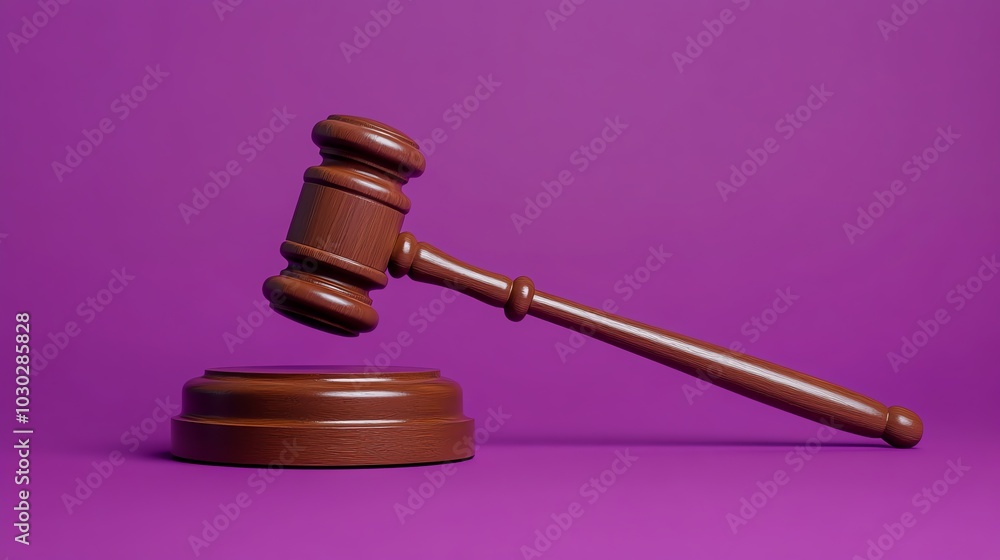 A wooden gavel sits on a purple surface, ready to be struck. A wooden gavel sits on a purple surface, ready to be struck.