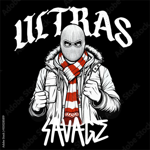 Illustrator Vector Football Fans Ultras Hooligan White Red color isolated black background