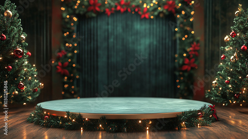 podium stand with christmas theme background. promotional sale.
