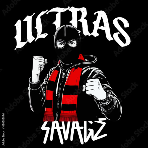 Illustration Vector man with Full mask black as Football fans ultras hooligans wear white red black scarf on neck