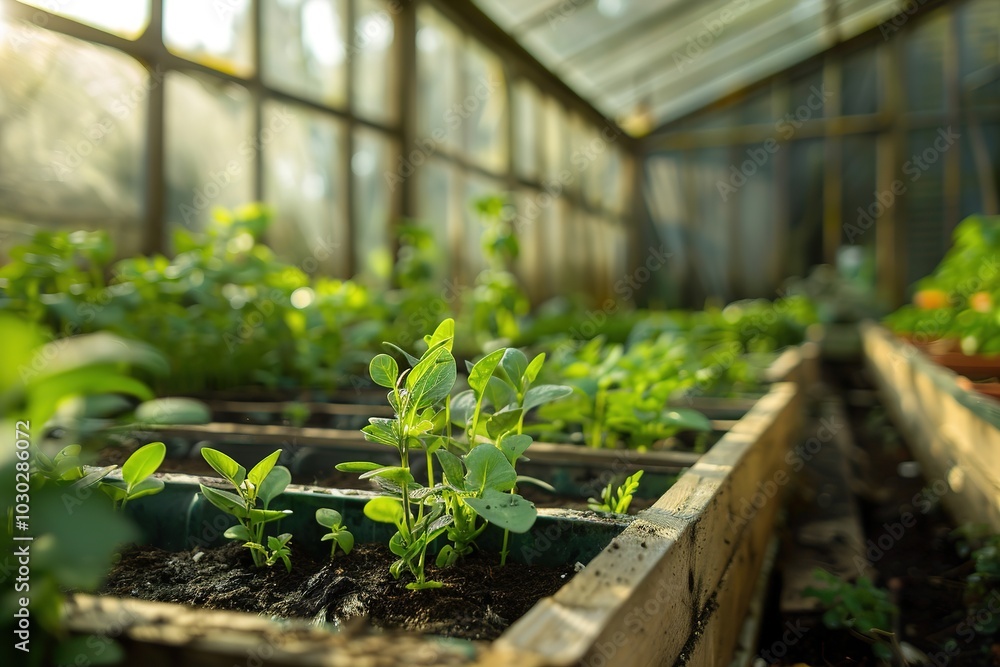 Sunlit sprouts in greenhouse with rich soil and plants. Sunlit sprouts in greenhouse with rich soil and plants.