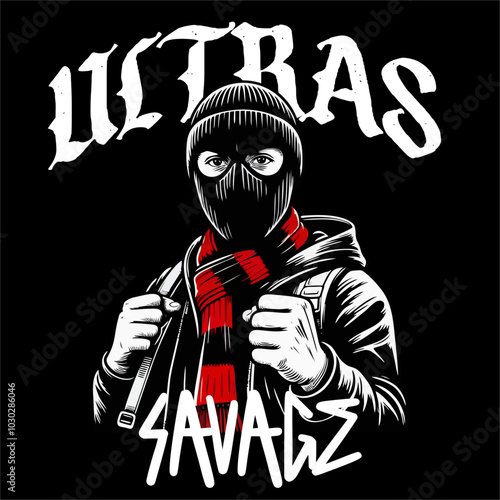 Illustration Vector of Football Fans Ultras Hooligan fighting style Red White Color isolated Black background