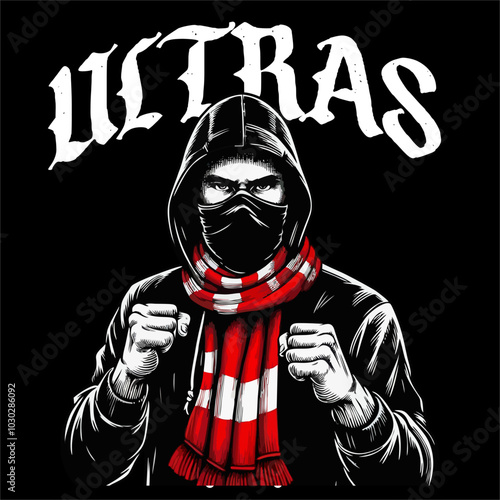 Illustration Vector of Football Fans Ultras Hooligan fighting style Red White Color isolated Black background