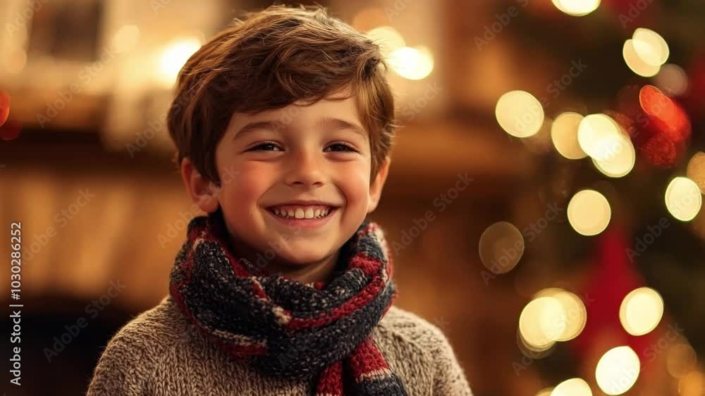 A cheerful boy in a scarf smiles joyfully in front of a beautifully decorated Christmas tree in a warm holiday setting A cheerful boy in a scarf smiles joyfully in front of a beautifully decorated Christmas tree in a warm holiday setting