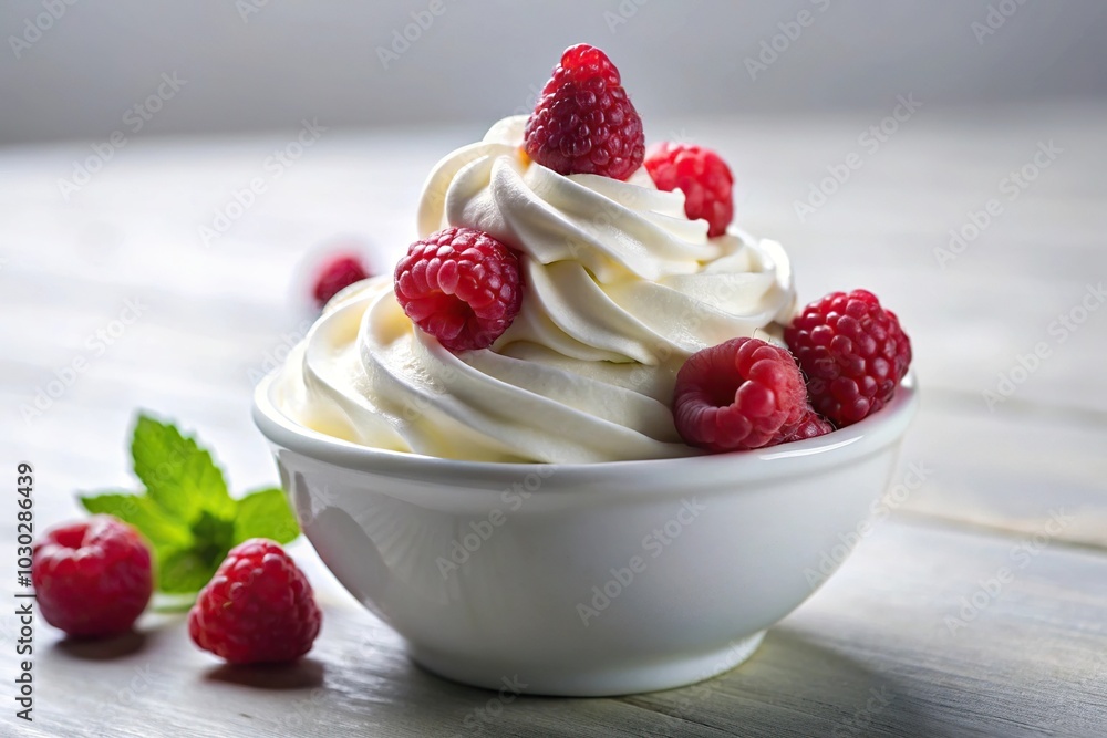 whipped cream and raspberries dessert in white bowl whipped cream and raspberries dessert in white bowl