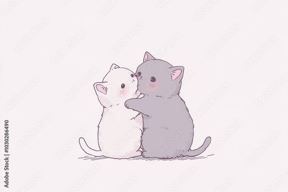 Two kittens sitting together one white and one gray their heads turned toward each other in a sweet and loving moment set against a soft pink background Two kittens sitting together one white and one gray their heads turned toward each other in a sweet and loving moment set against a soft pink background