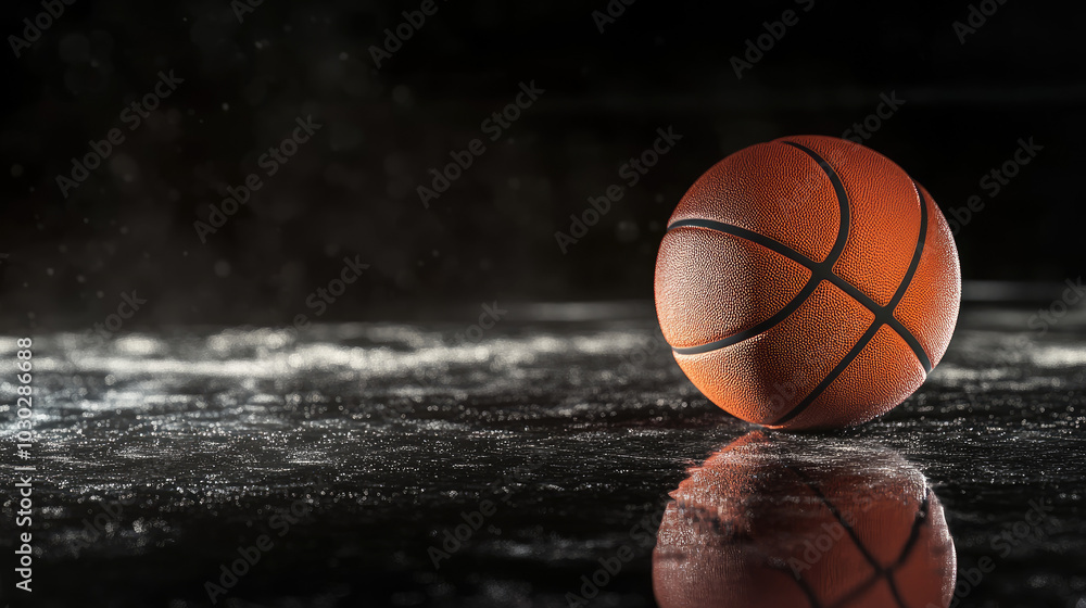 A solitary basketball resting on a glossy black floor, illuminated by a spotlight, showcasing the intricate details of the balls surface and laces. A solitary basketball resting on a glossy black floor, illuminated by a spotlight, showcasing the intricate details of the balls surface and laces.