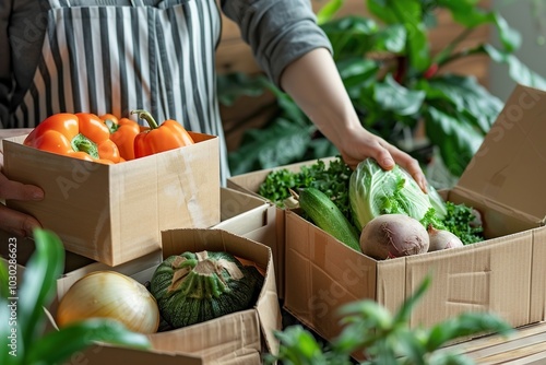 Person packing fresh vegetables in cardboard boxes, indoor garde photo