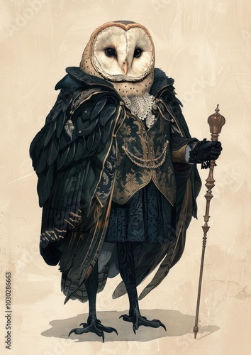 A owl costumes wearing victorian fashion outfit clothing animal bird. photo