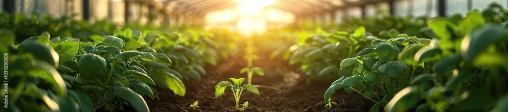 Sunrise over lush plants in greenhouse, farming concept Sunrise over lush plants in greenhouse, farming concept