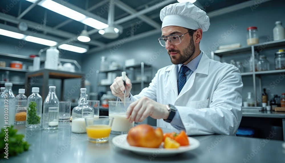A man in a white lab coat is preparing food in a kitchen A man in a white lab coat is preparing food in a kitchen