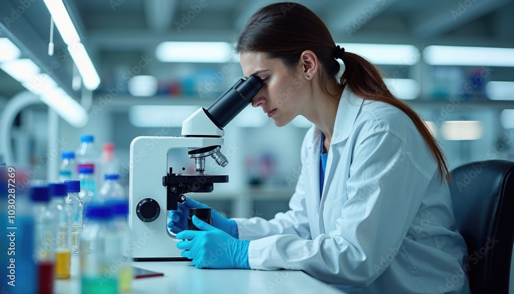 A woman in a lab coat is looking through a microscope A woman in a lab coat is looking through a microscope