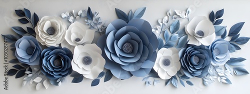 3D paper flower, wall art, in a white and blue color scheme, with elegant design, flowers in shades og white, gray and navy blue