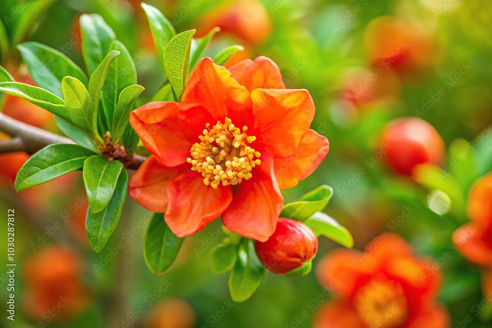 Vibrant image of pomegranate flower with bright red orange blossoms and yellow stamens, with leading lines in focus Vibrant image of pomegranate flower with bright red orange blossoms and yellow stamens, with leading lines in focus