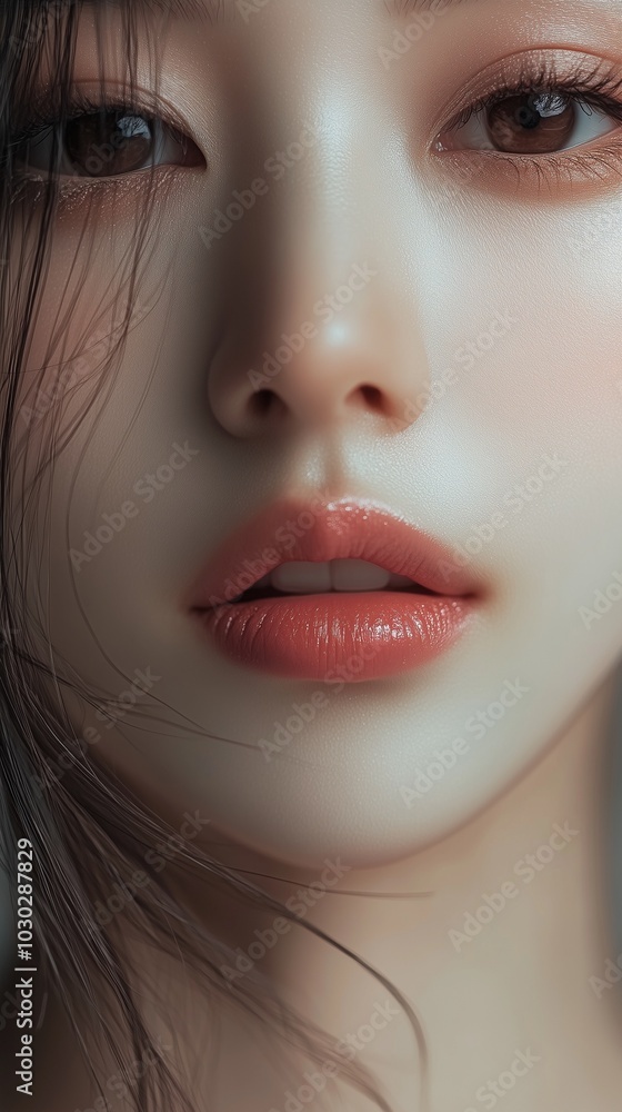 Closeup portrait of a woman's face with soft lips and delicate features Closeup portrait of a woman's face with soft lips and delicate features