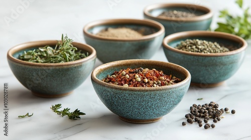 Assortment of spices and herbs in ceramic bowls on a marble surface