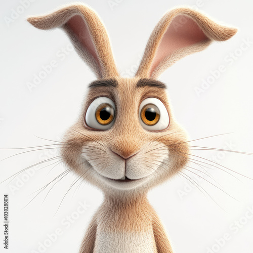 3d funny cartoon happy hare close-up, isolated, on a white background. Illustration, decor, print for clothing, design for printing on fabric, paper, plastic, porcelain.