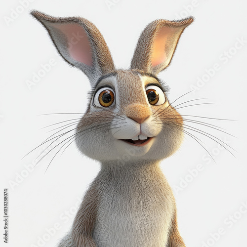 3d funny cartoon happy hare close-up, isolated, on a white background. Illustration, decor, print for clothing, design for printing on fabric, paper, plastic, porcelain.