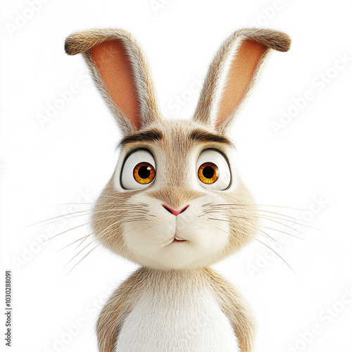 3d funny cartoon happy hare close-up, isolated, on a white background. Illustration, decor, print for clothing, design for printing on fabric, paper, plastic, porcelain.