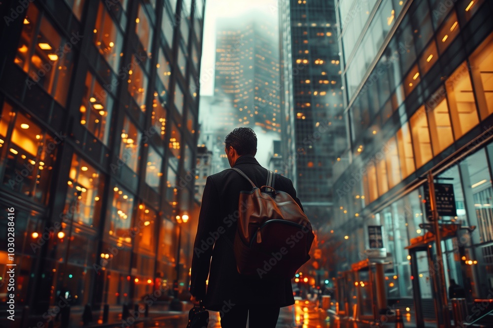 A professional walks through a city street, carrying a camera and bag, surrounded by illuminated skyscrapers in foggy weather A professional walks through a city street, carrying a camera and bag, surrounded by illuminated skyscrapers in foggy weather