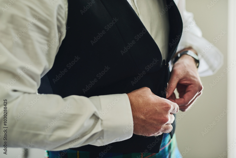 Man, prepare and suit with fashion for wedding, commitment day and ready for Scotland traditional ceremony. Indoor, male person and groom with confidence for dressing, formal vest and celebration Man, prepare and suit with fashion for wedding, commitment day and ready for Scotland traditional ceremony. Indoor, male person and groom with confidence for dressing, formal vest and celebration