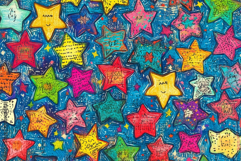Vibrant and colorful pattern of stars with doodle like textures creating an energetic and playful atmosphere with multicolored elements perfect for party or festive decoration Vibrant and colorful pattern of stars with doodle like textures creating an energetic and playful atmosphere with multicolored elements perfect for party or festive decoration