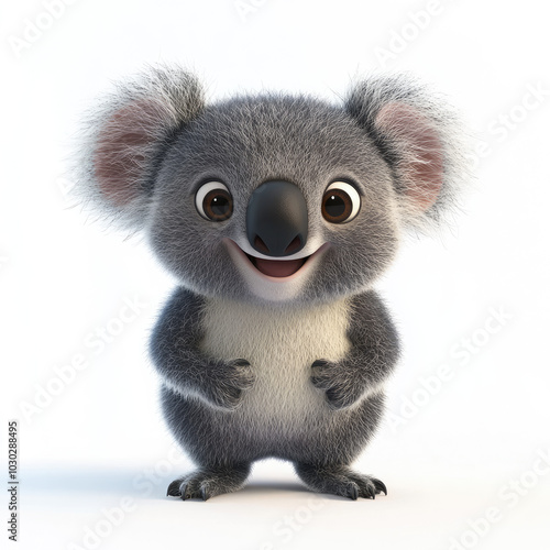 3d funny cartoon happy koala close-up, isolated, on a white background. Illustration, decor, print for clothing, design for printing on fabric, paper, plastic, porcelain.