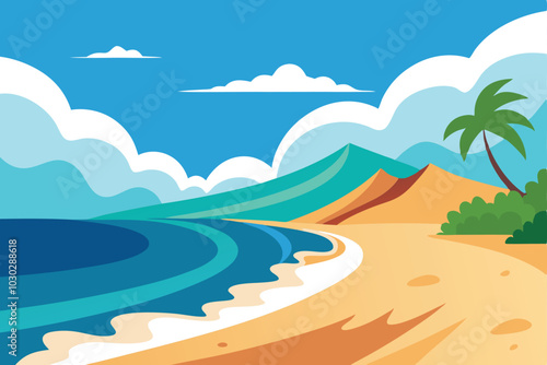 Wave of ocean on the sandy beach. Nature background. Modern design Summer vector illustration