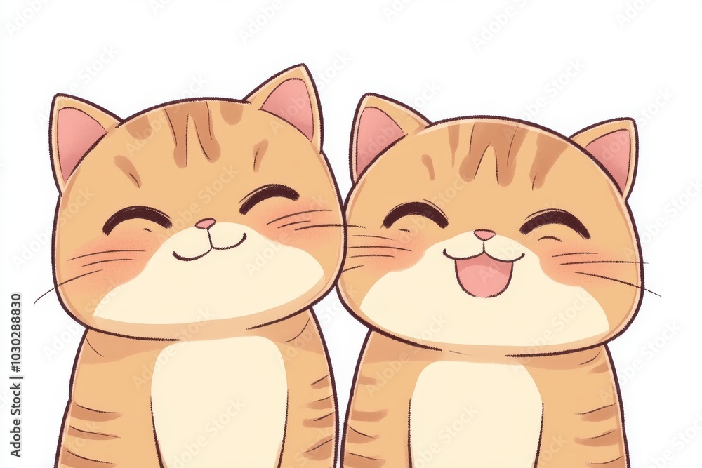 Cartoon illustration of two smiling tabby cats side by side their joyful expressions conveying happiness friendship and positivity in a cute child friendly design Cartoon illustration of two smiling tabby cats side by side their joyful expressions conveying happiness friendship and positivity in a cute child friendly design