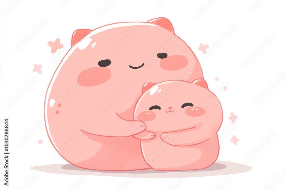 Cute pink round pig illustration holding a smaller baby pig combining charm and playful design with pastel colors and simple shapes evoking warmth and family affection Cute pink round pig illustration holding a smaller baby pig combining charm and playful design with pastel colors and simple shapes evoking warmth and family affection
