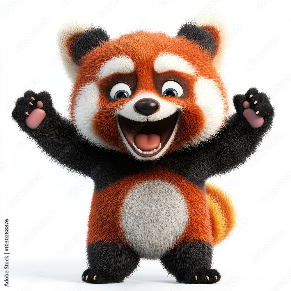 3d funny cartoon red panda celebrating victory close-up, isolated, on a white background. Illustration, decor, print for clothing, design for printing on fabric, paper, plastic, porcelain. 3d funny cartoon red panda celebrating victory close-up, isolated, on a white background. Illustration, decor, print for clothing, design for printing on fabric, paper, plastic, porcelain.