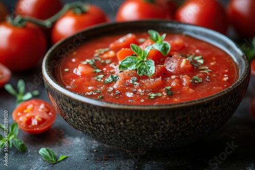 Fresh Tomato Sauce with Herbs on a Table, Still Life Photography Generative AI