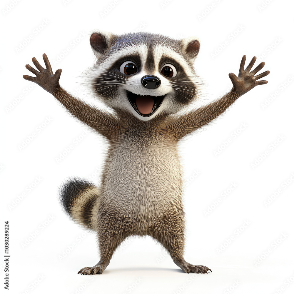 3d funny cartoon raccoon celebrating victory close-up, isolated, on a white background. Illustration, decor, print for clothing, design for printing on fabric, paper, plastic, porcelain. 3d funny cartoon raccoon celebrating victory close-up, isolated, on a white background. Illustration, decor, print for clothing, design for printing on fabric, paper, plastic, porcelain.