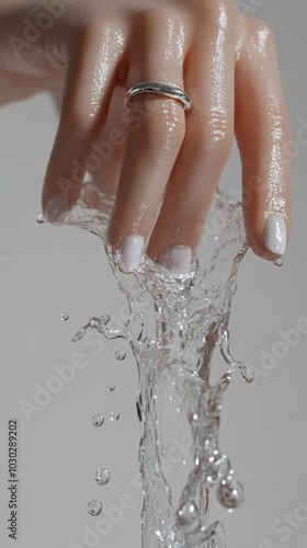 Wallpaper Mural A realistic closeup of a woman's hand emerging from liquid silver, wearing a classic silver wedding ring, perfect for jewelry or wedding concept Generative AI Torontodigital.ca