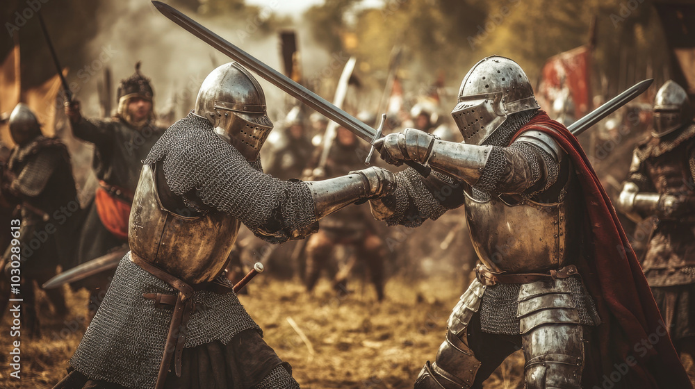 Fototapeta premium Two medieval knights clash in a fierce battle amidst a fiery battlefield at dusk