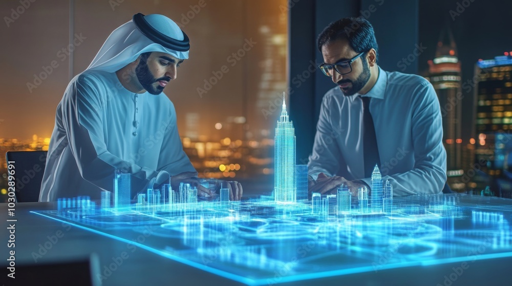 © Prostock-studio - Two men, one in traditional Middle Eastern attire and one in a business suit, are sitting at a desk in a dimly lit office © Prostock-studio - Two men, one in traditional Middle Eastern attire and one in a business suit, are sitting at a desk in a dimly lit office