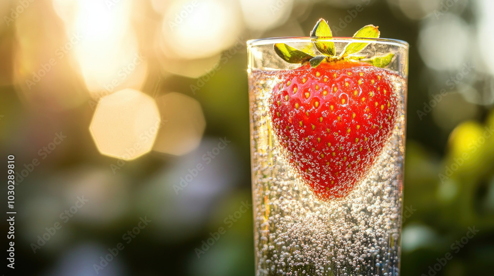 A strawberry slice placed in a glass of sparkling water, its bright red color contrasting against the bubbles, creating a refreshing, summer-themed scene. A strawberry slice placed in a glass of sparkling water, its bright red color contrasting against the bubbles, creating a refreshing, summer-themed scene.