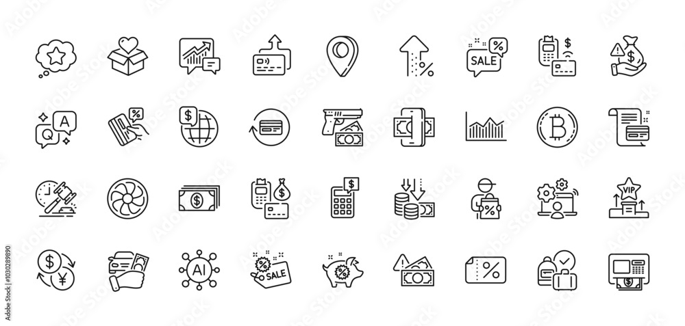 Discount banner, Sale and Deflation line icons pack. AI, Question and Answer, Map pin icons. Rent car, Currency exchange, Refund commission web icon. Payment, Phishing, Piggy sale pictogram. Vector Discount banner, Sale and Deflation line icons pack. AI, Question and Answer, Map pin icons. Rent car, Currency exchange, Refund commission web icon. Payment, Phishing, Piggy sale pictogram. Vector